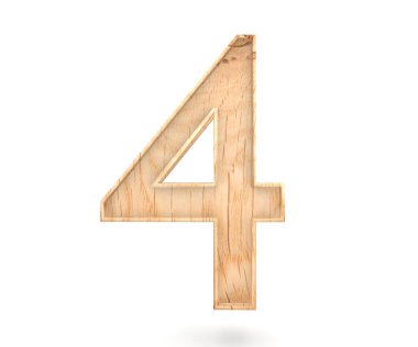 Dekoratif ahşap alfabe sayısı dört simgesi - 4. 3D render illüstrasyon. Beyaz arka plan üzerinde izole