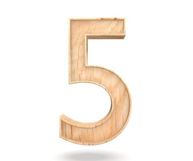 Dekoratif ahşap alfabe sayısı beş simgesi - 5. 3D render illüstrasyon. Beyaz arka plan üzerinde izole