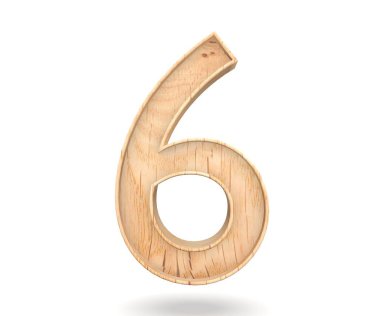 Dekoratif ahşap alfabe sayısı altı simgesi - 6. 3D render illüstrasyon. Beyaz arka plan üzerinde izole