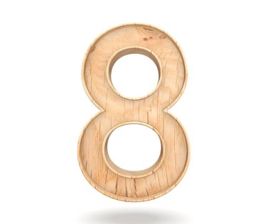 Dekoratif ahşap alfabe sayısı sekiz simgesi - 8. 3D render illüstrasyon. Beyaz arka plan üzerinde izole