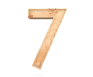 Dekoratif ahşap alfabe sayısı yedi simgesi - 7. 3D render illüstrasyon. Beyaz arka plan üzerinde izole
