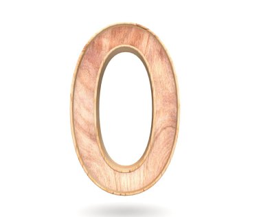 Dekoratif ahşap alfabe sayısı sıfır simgesi - 0. 3D render illüstrasyon. Beyaz arka plan üzerinde izole