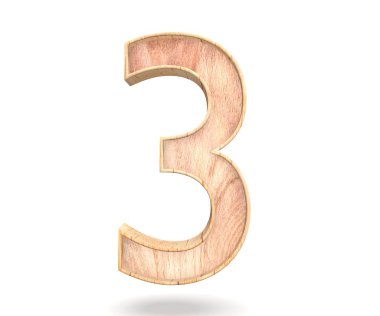 Dekoratif ahşap alfabe sayısı üç simgesi - 3. 3D render illüstrasyon. Beyaz arka plan üzerinde izole