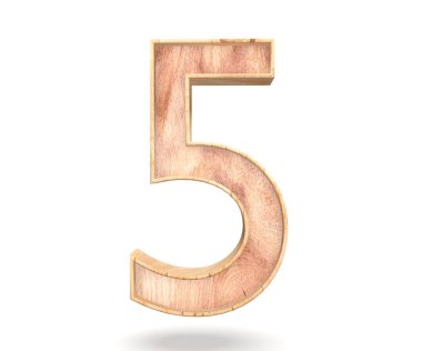 Dekoratif ahşap alfabe sayısı beş simgesi - 5. 3D render illüstrasyon. Beyaz arka plan üzerinde izole