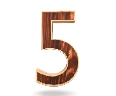 Dekoratif ahşap alfabe sayısı beş simgesi - 5. 3D render illüstrasyon. Beyaz arka plan üzerinde izole