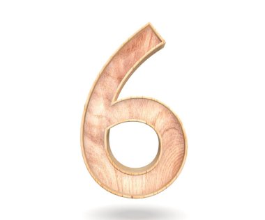 Dekoratif ahşap alfabe sayısı altı simgesi - 6. 3D render illüstrasyon. Beyaz arka plan üzerinde izole
