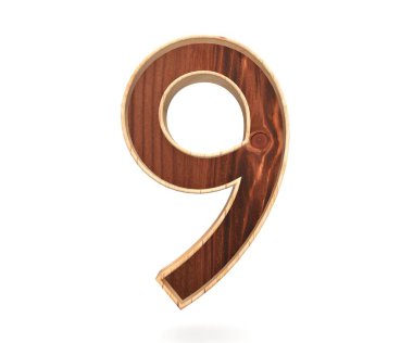 Dekoratif ahşap alfabe sayısı dokuz simgesi - 9. 3D render illüstrasyon. Beyaz arka plan üzerinde izole