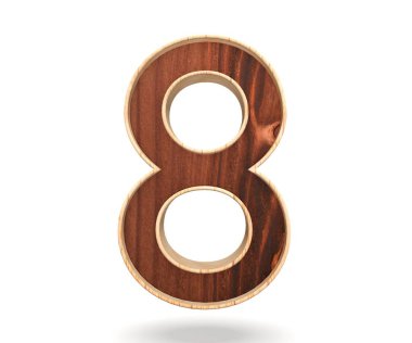 Dekoratif ahşap alfabe sayısı sekiz simgesi - 8. 3D render illüstrasyon. Beyaz arka plan üzerinde izole