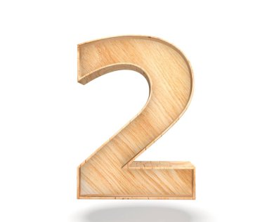 Dekoratif ahşap alfabe sayısı sıfır simgesi - 2. 3D render illüstrasyon. Beyaz arka plan üzerinde izole