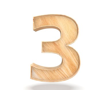 Dekoratif ahşap alfabe sayısı sıfır simgesi - 3. 3D render illüstrasyon. Beyaz arka plan üzerinde izole