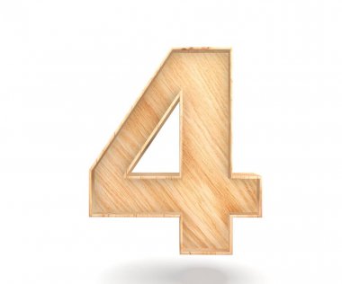 Dekoratif ahşap alfabe sayısı sıfır simgesi - 4. 3D render illüstrasyon. Beyaz arka plan üzerinde izole