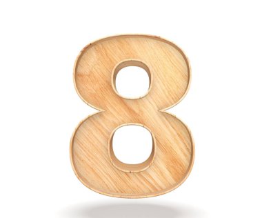 Dekoratif ahşap alfabe sayısı sıfır simgesi - 8. 3D render illüstrasyon. Beyaz arka plan üzerinde izole