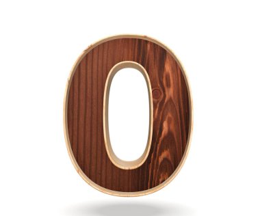 Dekoratif ahşap alfabe sayısı sıfır simgesi - 0. 3D render illüstrasyon. Beyaz arka plan üzerinde izole