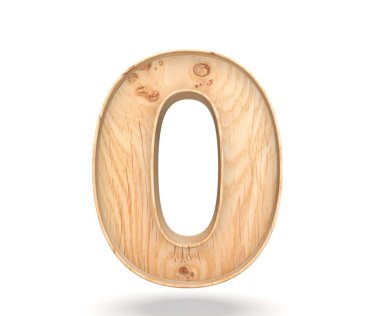 Dekoratif ahşap alfabe sayısı sıfır simgesi - 0. 3D render illüstrasyon. Beyaz arka plan üzerinde izole