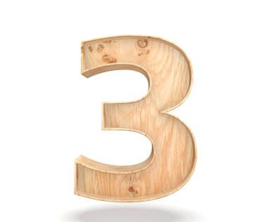 Dekoratif ahşap alfabe sayısı sıfır simgesi - 3. 3D render illüstrasyon. Beyaz arka plan üzerinde izole