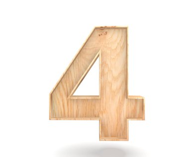 Dekoratif ahşap alfabe sayısı sıfır simgesi - 4. 3D render illüstrasyon. Beyaz arka plan üzerinde izole