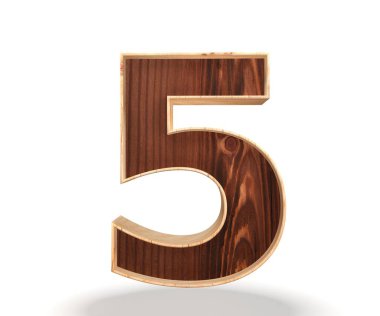 Dekoratif ahşap alfabe sayısı sıfır simgesi - 5. 3D render illüstrasyon. Beyaz arka plan üzerinde izole