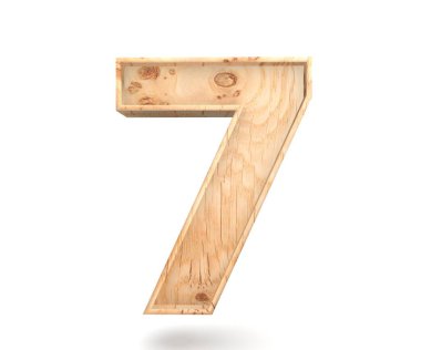 Dekoratif ahşap alfabe sayısı sıfır simgesi - 7. 3D render illüstrasyon. Beyaz arka plan üzerinde izole