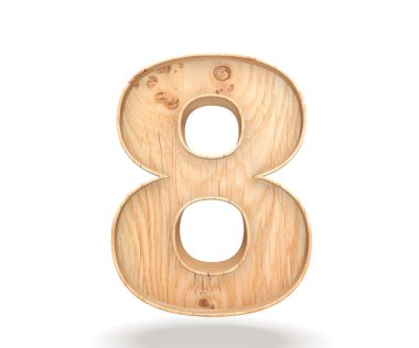 Dekoratif ahşap alfabe sayısı sıfır simgesi - 8. 3D render illüstrasyon. Beyaz arka plan üzerinde izole