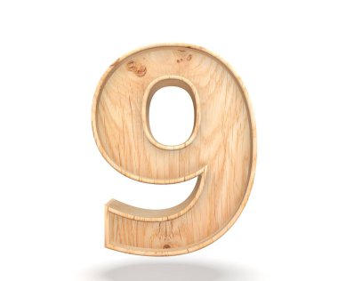 Dekoratif ahşap alfabe sayısı sıfır simgesi - 9. 3D render illüstrasyon. Beyaz arka plan üzerinde izole