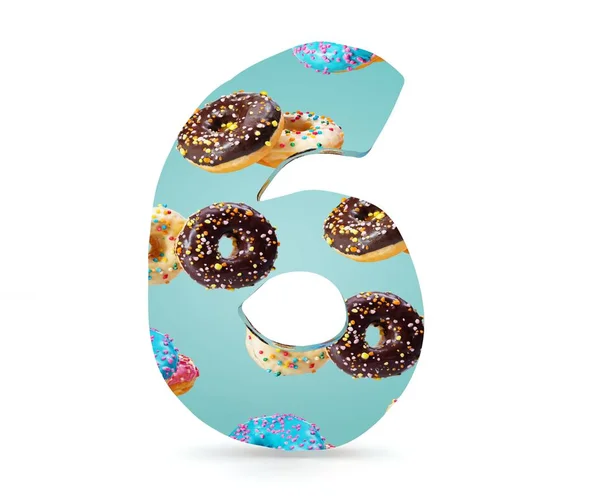 Decorative alphabet digit one symbol used pattern of donuts- 6. 3d rendering illustration. Isolated on white background — Stock Photo, Image