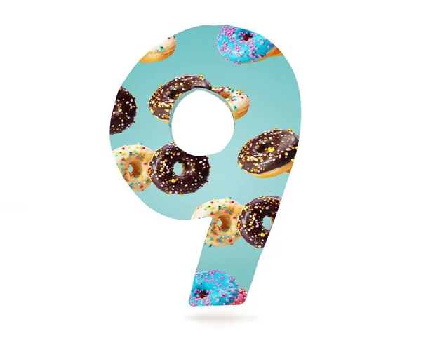 Decorative alphabet digit one symbol used pattern of donuts- 9. 3d rendering illustration. Isolated on white background — Stock Photo, Image