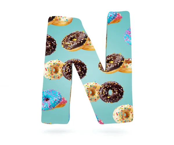 3D decorative Alphabet, capital letter N used pattern of donuts — Stock Photo, Image