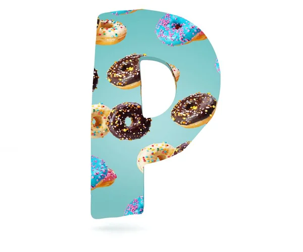 3D decorative Alphabet, capital letter P used pattern of donuts — Stock Photo, Image