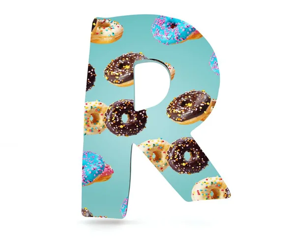 3D decorative Alphabet, capital letter R used pattern of donuts — Stock Photo, Image