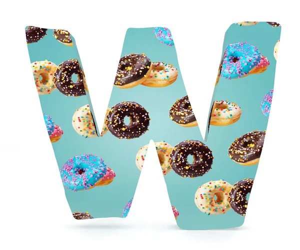 3D decorative Alphabet, capital letter W used pattern of donuts — Stock Photo, Image