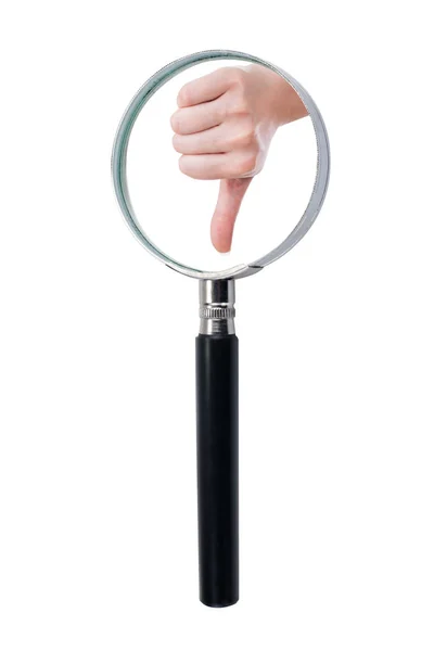 Hand with thumb down throw Magnifying glass, on a white background — Stock Photo, Image