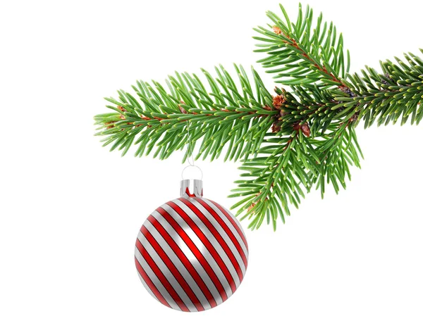 Illustration 3D Gros plan d'un ornement de boule de Noël rayé rouge et argent suspendu au bord d'une branche d'arbre à feuilles persistantes, isolé sur un fond blanc . — Photo