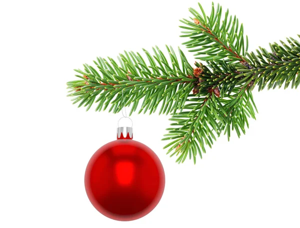 Illustration 3D Gros plan d'un ornement de boule de Noël rouge suspendu au bord d'une branche d'arbre à feuilles persistantes, isolé sur un fond blanc . — Photo