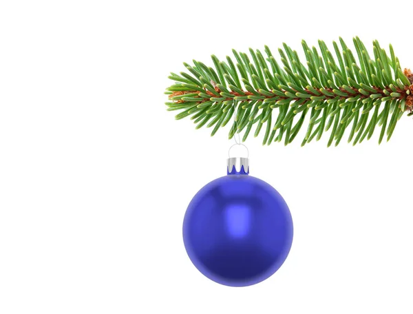 Illustration 3D Gros plan d'un ornement de boule de Noël bleu suspendu au bord d'une branche d'arbre à feuilles persistantes, isolé sur un fond blanc . — Photo