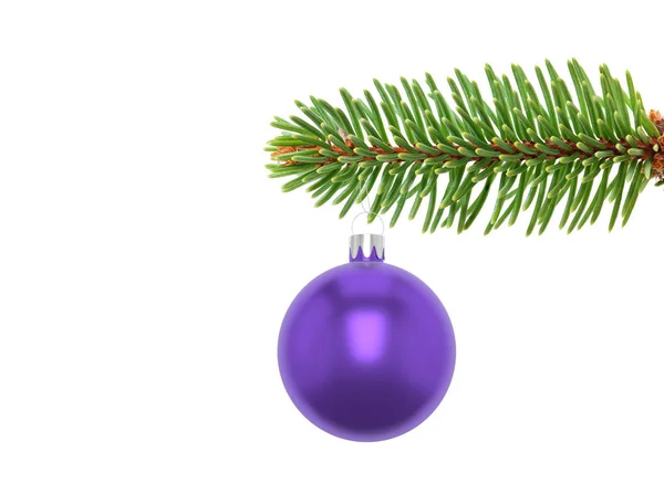 3D illustratie close-up van een paarse kerst bal ornament opknoping van de rand van een groenblijvende boomtak, geïsoleerd op een witte achtergrond. — Stockfoto