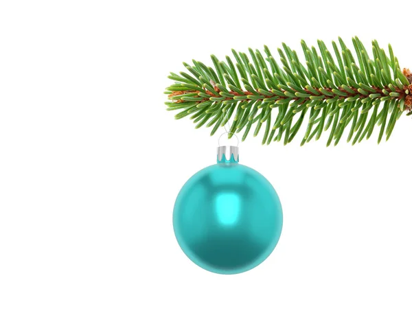 3D illustratie close-up van een Turquoise kerst bal ornament opknoping van de rand van een groenblijvende boomtak, geïsoleerd op een witte achtergrond. — Stockfoto