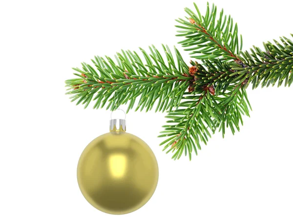3D illustratie close-up van een gouden kerst bal ornament opknoping van de rand van een groenblijvende boomtak, geïsoleerd op een witte achtergrond. — Stockfoto