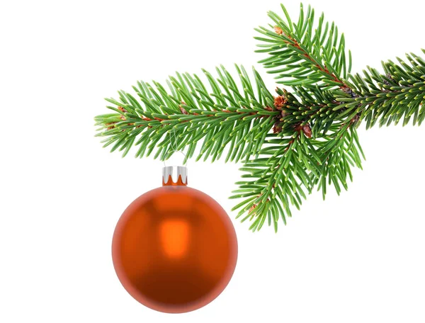 Illustration 3D Gros plan d'un ornement de boule de Noël orange suspendu au bord d'une branche d'arbre à feuilles persistantes, isolé sur un fond blanc . — Photo