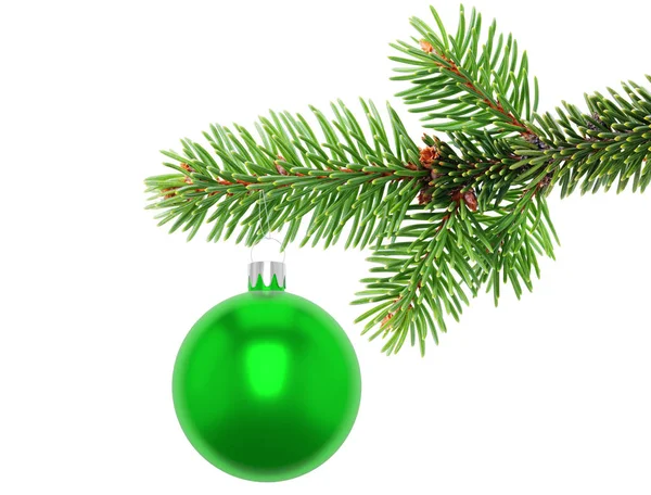 3D ілюстрація Крупним планом зелений різдвяний кульковий орнамент, що висить з краю вічнозеленого гілки дерева, ізольований на білому тлі . — стокове фото