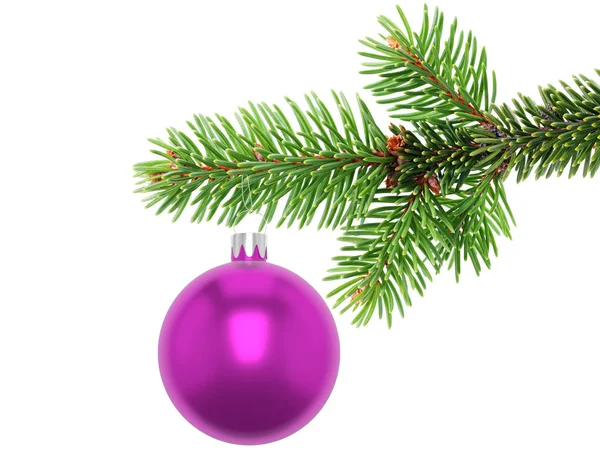 Ilustración 3D Primer plano de un ornamento de bolas de Navidad de Burdeos colgando del borde de una rama de árbol siempreverde, aislado sobre un fondo blanco . —  Fotos de Stock