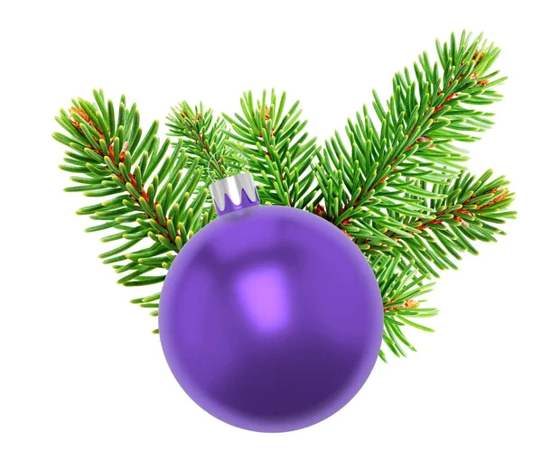 3D illustratie. Close-up van paarse bauble op tak van een kerstboom weergegeven: naalden, witte achtergrond. — Stockfoto