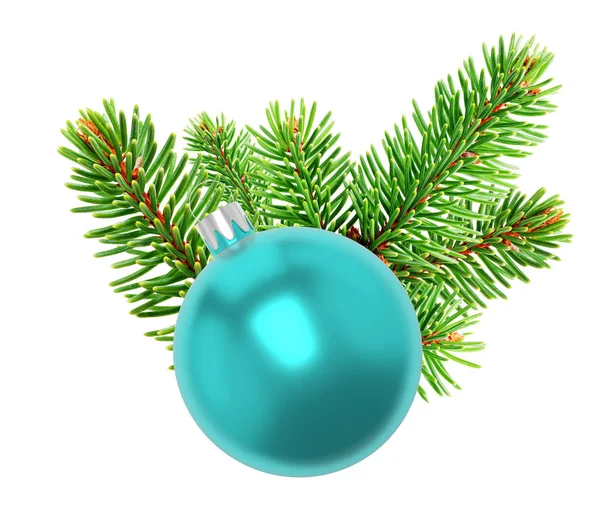 Illustration 3D. Gros plan de boule turquoise sur la branche d'un arbre de Noël montrant des aiguilles, fond blanc . — Photo