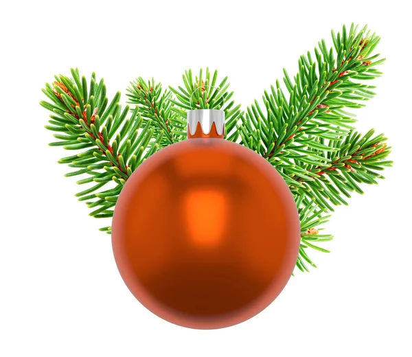 Illustration 3D. Gros plan de boule orange sur la branche d'un arbre de Noël montrant des aiguilles, fond blanc . — Photo