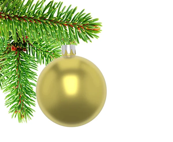 Illustration 3D. Gros plan de boule jaune sur la branche d'un arbre de Noël montrant des aiguilles, fond blanc . — Photo