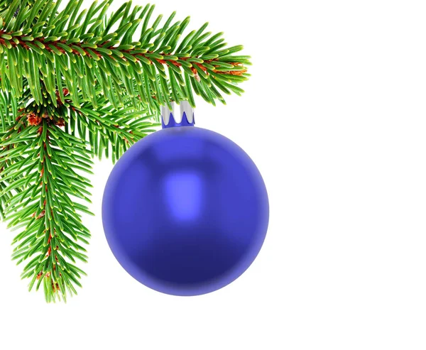 3D illustratie. Close-up van blauwe bauble op tak van een kerstboom weergegeven: naalden, witte achtergrond. — Stockfoto