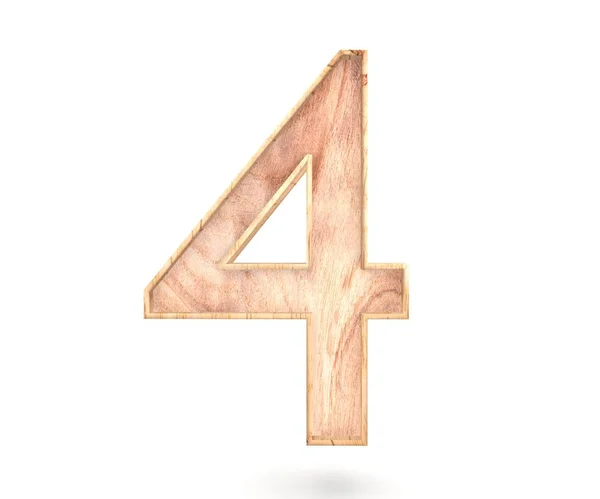 Decorative wooden alphabet digit four symbol - 4. 3d rendering illustration. Isolated on white background — Stock Photo, Image