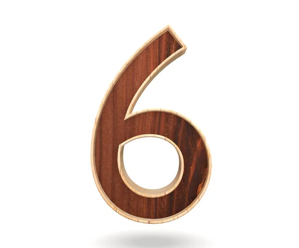 Decorative wooden alphabet digit six symbol - 6. 3d rendering illustration. Isolated on white background — Stock Photo, Image