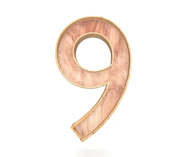 Ziffer neun des dekorativen hölzernen Alphabets - 9. 3D-Darstellung. isoliert auf weißem Hintergrund — Stockfoto