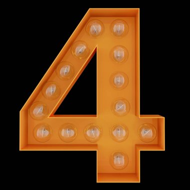 Ampul basamak alfabe karakteri 4 dört yazı tipi. Önden Görünüm ışıklı sayı 1 sembol siyah arka plan üzerine. 3D render illüstrasyon