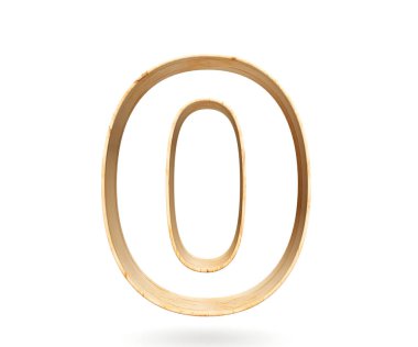 Dekoratif ahşap alfabe sayısı sıfır simgesi - 0. 3D render illüstrasyon. Beyaz arka plan üzerinde izole